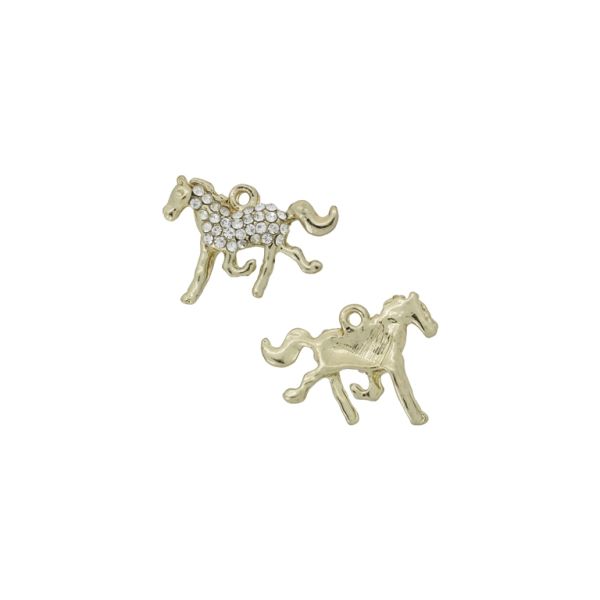 METAL BEADS - RHINESTONE HOLLOW ROUND BEADS - PENDANT - HORSE 01 - 24x18x3mm GOLD COLOR-WHITE - 2pcs. Hole-1.6mm
