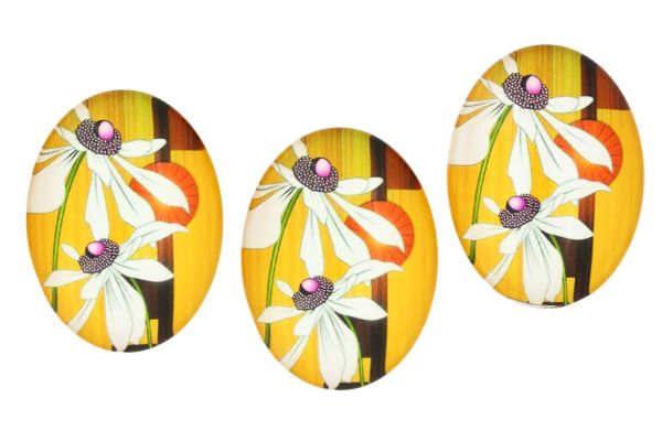 GLASS BEADS - CABOCHONS PATTERN - HALF OVAL ELLIPTIC  30х40mm - FLOWERS - WHITE - PACKAGE 10pcs.