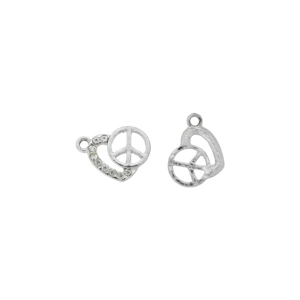 METAL BEADS - RHINESTONE HOLLOW ROUND BEADS - PENDANT - HEART 02 PEACE SIGN - 15x20x2mm SILVER COLOR AND WHITE - 3pcs. Hole-2.0mm