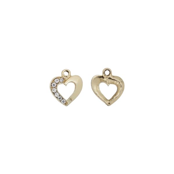METAL BEADS - RHINESTONE HOLLOW ROUND BEADS - PENDANT - HEART 03 - 15x18x2mm GOLD COLOR-WHITE - 3pcs. Hole-1.8mm