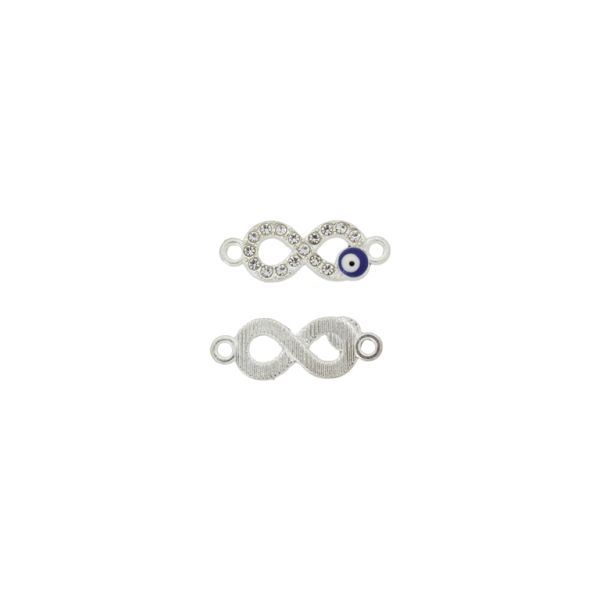 METAL BEADS - RHINESTONE HOLLOW ROUND BEADS - CONNECTING ELEMENT WITH 2 RINGS - INFINITY 05 - 23x9x2mm SILVER COLOR-BLUE (DARK)-WHITE - 3pcs. Hole-1.5mm