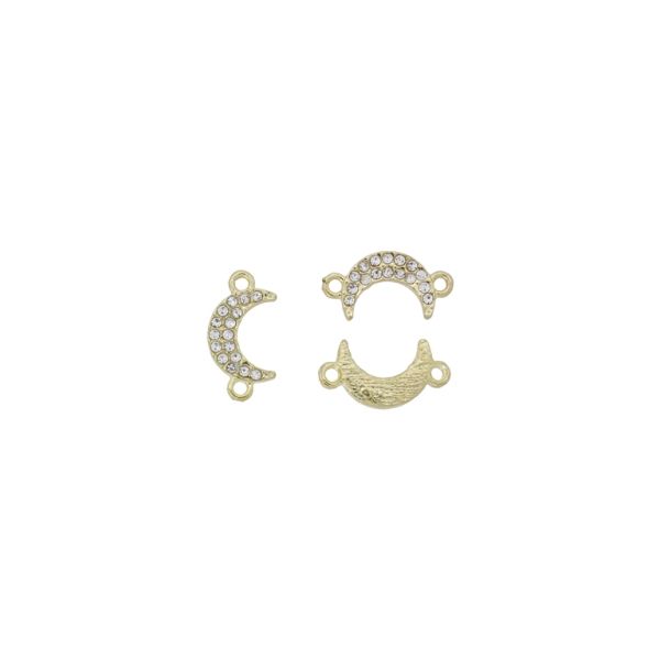 METAL BEADS - RHINESTONE HOLLOW ROUND BEADS - CONNECTING ELEMENT WITH 2 RINGS - MOON 04 - 16x8x2mm GOLD COLOR-WHITE - 3pcs. Hole-1.8mm