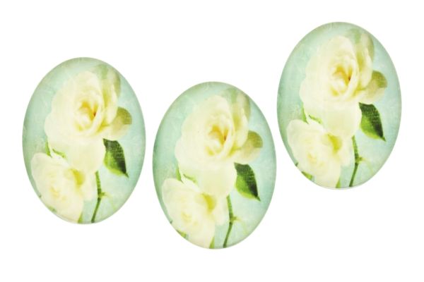 GLASS BEADS - CABOCHONS PATTERN - HALF OVAL ELLIPTIC  30х40mm - FLOWERS - ROSE WHITE - PACKAGE 10pcs.