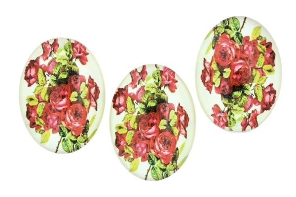 GLASS BEADS - CABOCHONS PATTERN - HALF OVAL ELLIPTIC  30х40mm - FLOWERS - ROSE RED - PACKAGE 10pcs.