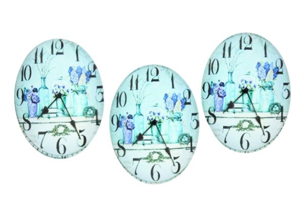 GLASS BEADS - CABOCHONS PATTERN - HALF OVAL ELLIPTIC  30х40mm - CLOCK WITH VASE - PACKAGE 10pcs.