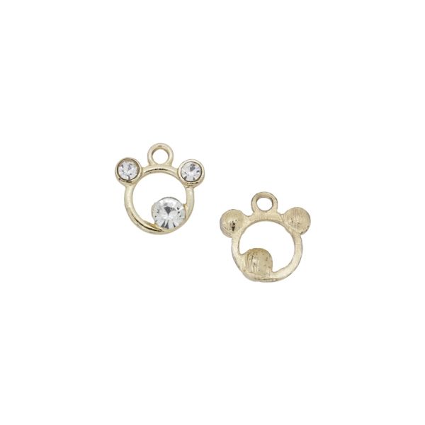 METAL BEADS - RHINESTONE HOLLOW ROUND BEADS - PENDANT - BEAR HEAD 01 - 17x18x5mm GOLD COLOR-WHITE - 5pcs. Hole-2.5mm