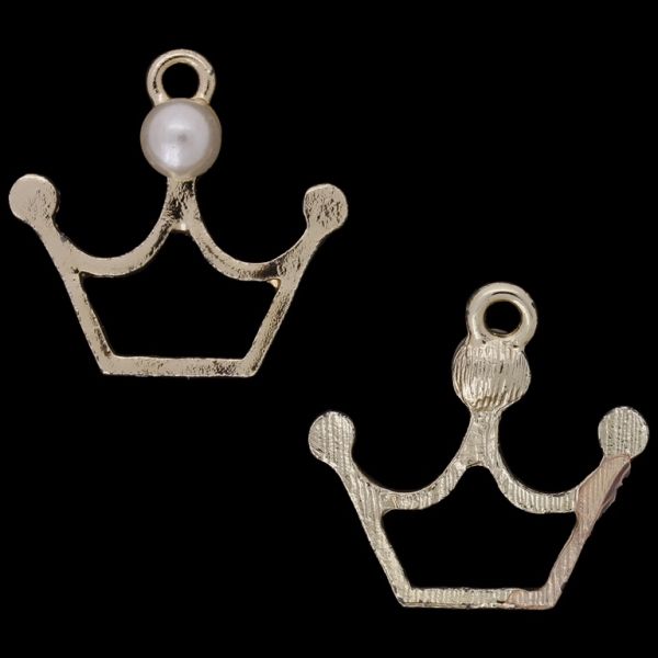 METAL BEADS WITH PEARLS - PENDANT - CROWN 01 - 21x20x6mm GOLD WITH WHITE - 4pcs. Hole-1.8mm
