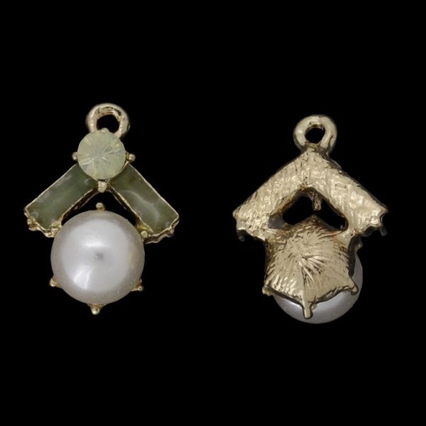 METAL BEADS WITH PEARLS AND CRYSTALS - PENDANT - FORM 01 - 14x19x10mm GOLD WITH WHITE AND GREEN - PACKAGE 30pcs. Hole-1.5mm
