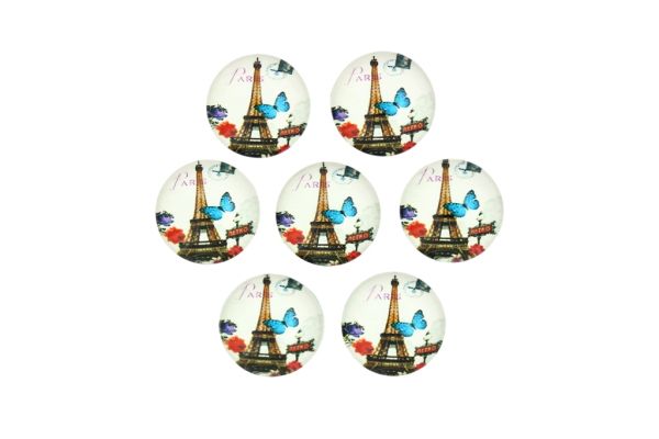 GLASS BEADS - CABOCHONS PATTERN - HALF ROUND 16mm - LANDMARKS - EIFFEL TOWER AND BUTTERFLY 01 - PACKAGE 25pcs.