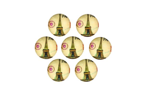 GLASS BEADS - CABOCHONS PATTERN - HALF ROUND 16mm - LANDMARKS - EIFFEL TOWER AND STAMP 01 - PACKAGE 25pcs.