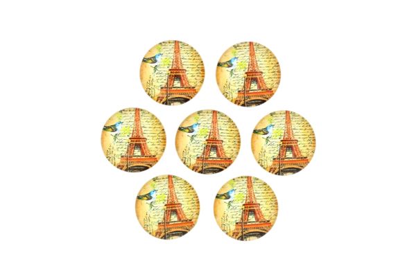 GLASS BEADS - CABOCHONS PATTERN - HALF ROUND 16mm - LANDMARKS - EIFFEL TOWER AND BIRD 01 - PACKAGE 25pcs.