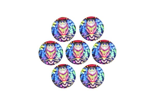 GLASS BEADS - CABOCHONS PATTERN - HALF ROUND 16mm - BIRD - OWL COLORFUL 02 - PACKAGE 25pcs.