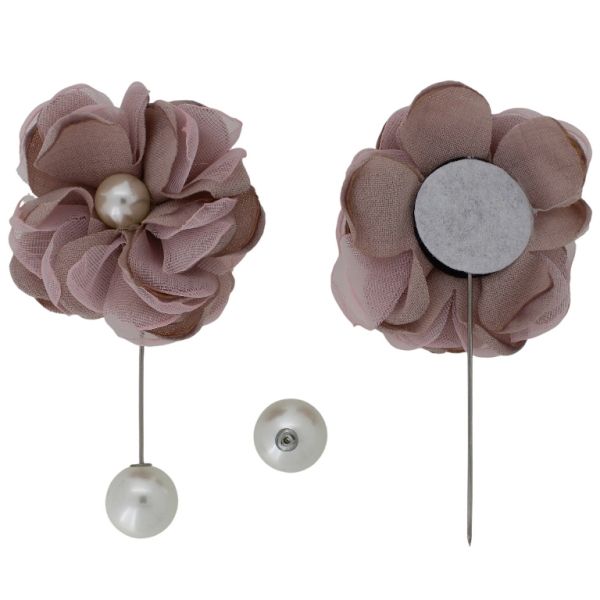 JEWELRY - BROOCH HANDMADE - METAL AND PEARLS - NEEDLE FLOWER В271 - 5.4x9.7cm NICKEL-ROSE DUST-ECRU - 1pc.