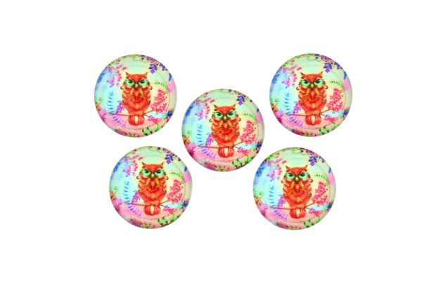 СТЪКЛЕНИ МЪНИСТА - КАБОШОНИ ЦВЕТНИ - КРЪГ 20мм - ПТИЦА БУХАЛ ЦВЕТЕН 01 - ПАКЕТ 25 бр.