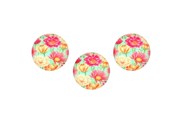 СТЪКЛЕНИ МЪНИСТА - КАБОШОНИ ЦВЕТНИ - КРЪГ 22мм - ЦВЕТЯ РОЗОВИ И ЖЪЛТИ - ПАКЕТ 25 бр.