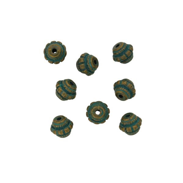 METAL BEADS WITH PATINA - CYLINDER 11 - 6x7mm ANTIQUE BRONZE AND TURQUOISE (DARK) - 8pcs. Hole-1.4mm