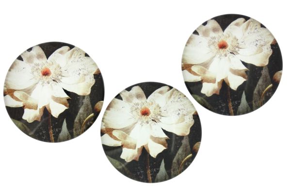 GLASS BEADS - CABOCHONS PATTERN - HALF ROUND 35mm - FLOWERS - WHITE - PACKAGE 10pcs.