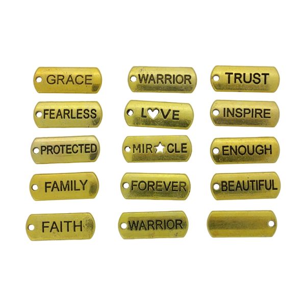 МЕТАЛНИ МЪНИСТА - ВИСУЛКА - ПЛОЧКА С НАДПИС МИКС 01 - 8х21х2мм ЗЛАТИСТО - ПАКЕТ 60 бр. Отвор-1.6мм