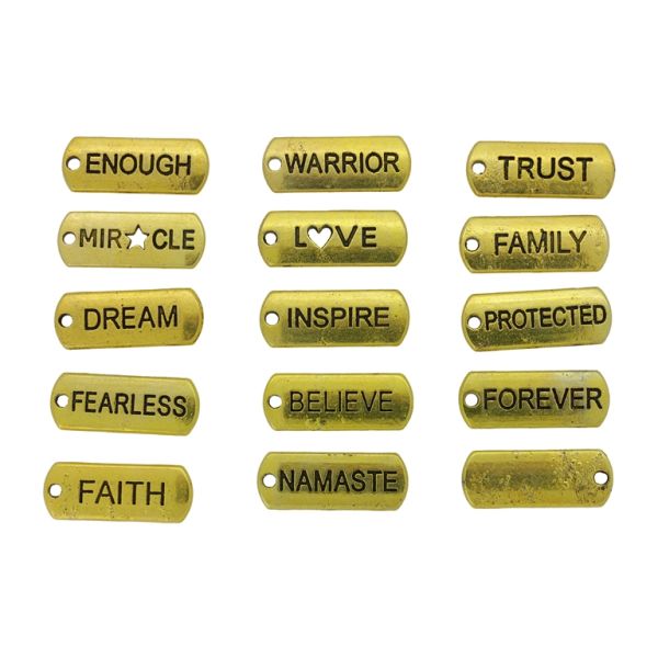 МЕТАЛНИ МЪНИСТА - ВИСУЛКА - ПЛОЧКА С НАДПИС МИКС 01 - 8х21х2мм ЗЛАТИСТО - В КАЧЕСТВО - ПАКЕТ 60 бр. Отвор-1.6мм