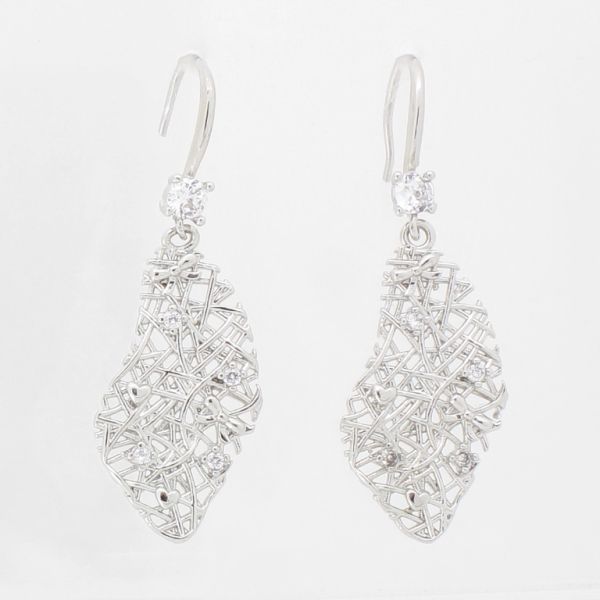 JEWELRY - EARRINGS - HOOK - ZIRCON - LEAF Е1016 - 1.3x4.2cm NICKEL AND WHITE - 1 pair 