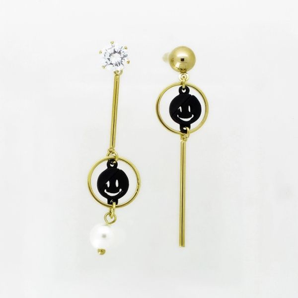 JEWELRY - EARRINGS - SCREW - ZIRCON - PEARL WITH SMILEY FACE Е916 - 1.5x6.1cm GOLD-WHITE-BLACK - 1 pair 