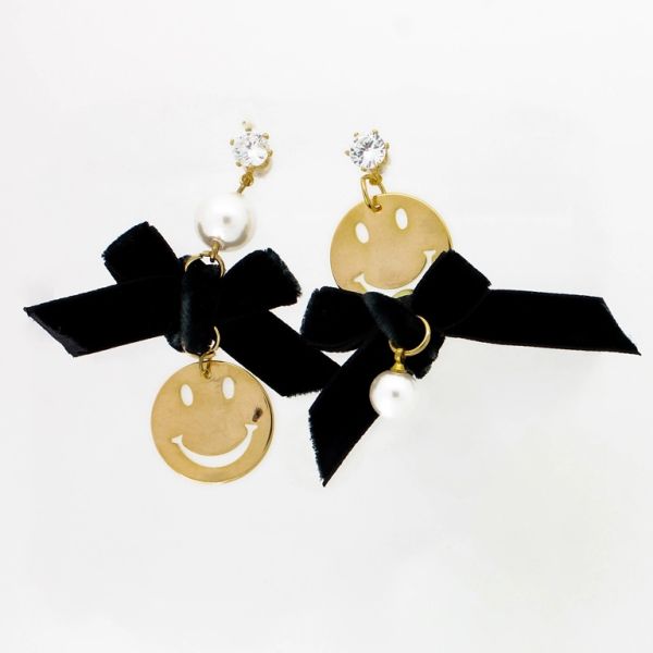JEWELRY - EARRINGS - SCREW - ZIRCON - RIBBON WITH SMILEY FACE Е921 - 2.0x5.8cm GOLD-WHITE-BLACK - 1 pair 