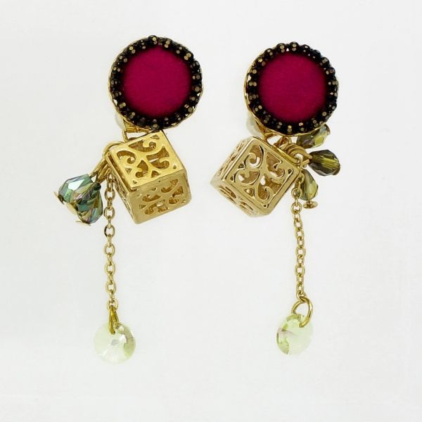 JEWELRY - EARRINGS - SCREW - ZIRCON - CIRCLE AND CUBE Е934 - 1.3x4.1cm GOLD-CYCLAMEN-BLUE (АВ) - 1 pair 