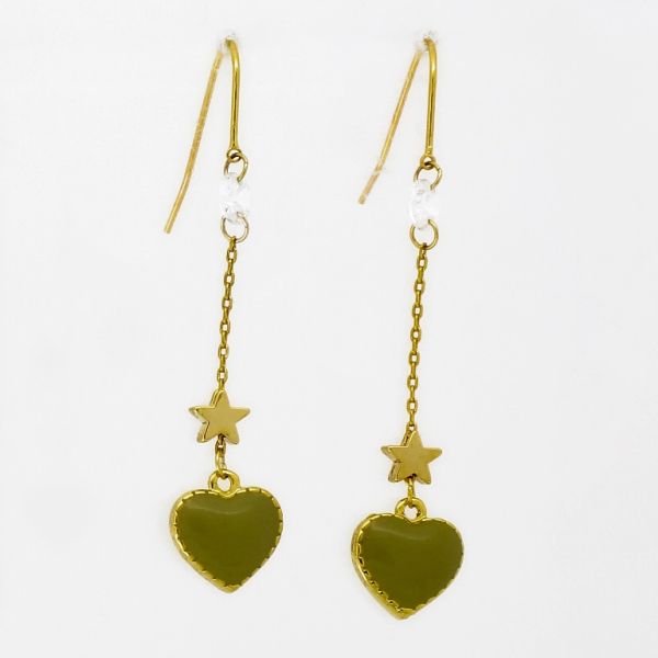 JEWELRY - EARRINGS - HOOK - ZIRCON - HEART Е942 - 1.1x5.5cm GOLD-WHITE-GREEN MILITARY - 1 pair 