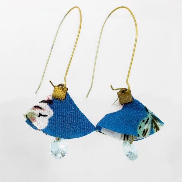 JEWELRY - EARRINGS - HOOK - ZIRCON - FLOWER Е944 - 3.1x7.7cm GOLD-WHITE-BLUE - PACKAGE 6 pairs 