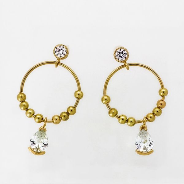 JEWELRY - EARRINGS - SCREW - ZIRCON - HOOP BALLS Е970 - 2.0x3.7cm GOLD-WHITE - 1 pair 