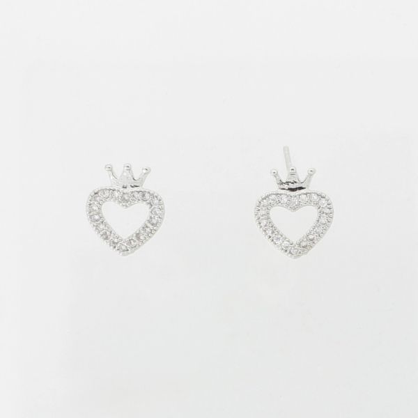 JEWELRY - EARRINGS - SCREW - ZIRCON - HEART WITH CROWN Е308 - 0.9x1.0cm NICKEL AND WHITE - PACKAGE 6 pairs 