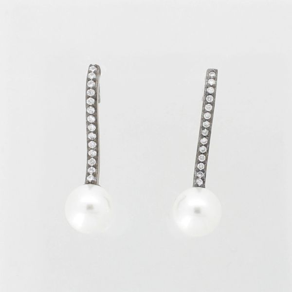 JEWELRY - EARRINGS - SCREW - ZIRCON - PEARL Е983 - 0.8x2.7cm OXIDIZED AND WHITE - 1 pair 