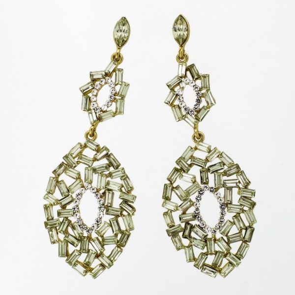 JEWELRY - EARRINGS - SCREW - CRYSTALS - DROP Е1111 - 3.0x8.3cm GOLD-WHITE-GREEN (LIGHT) - PACKAGE 6 pairs 