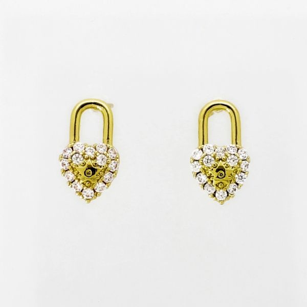 JEWELRY - EARRINGS - SCREW - ZIRCON - PADLOCK HEART Е286 - 0.9x1.6cm GOLD AND WHITE - PACKAGE 6 pairs 