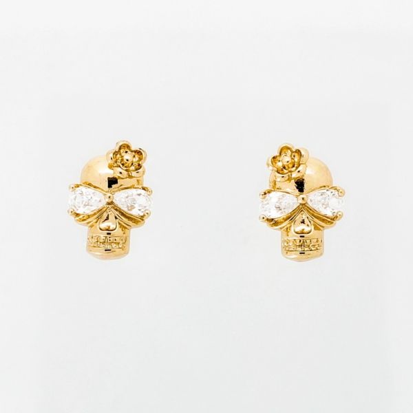 JEWELRY - EARRINGS - SCREW - ZIRCON - SKULL Е990 - 1.1x1.4cm ROSE GOLD AND WHITE - 1 pair 