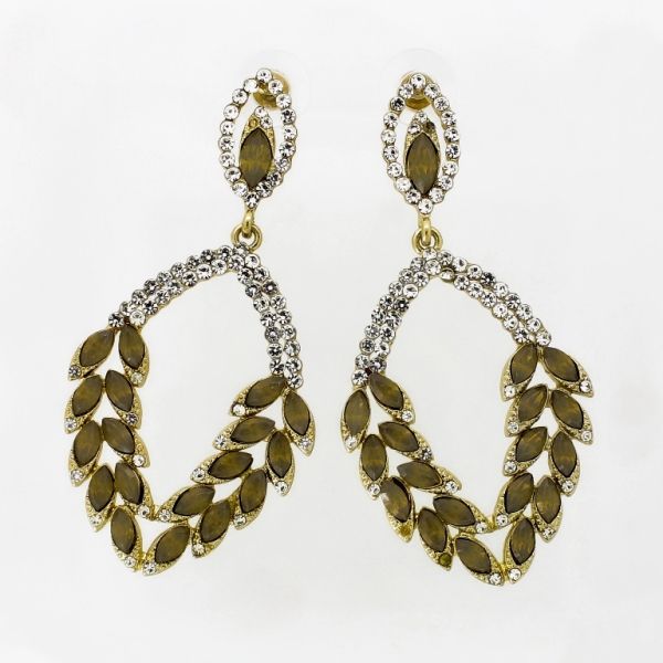 JEWELRY - EARRINGS - SCREW - CRYSTALS - DROP Е1105 - 3.2x6.6cm GOLD-WHITE-GREEN - 1 pair 
