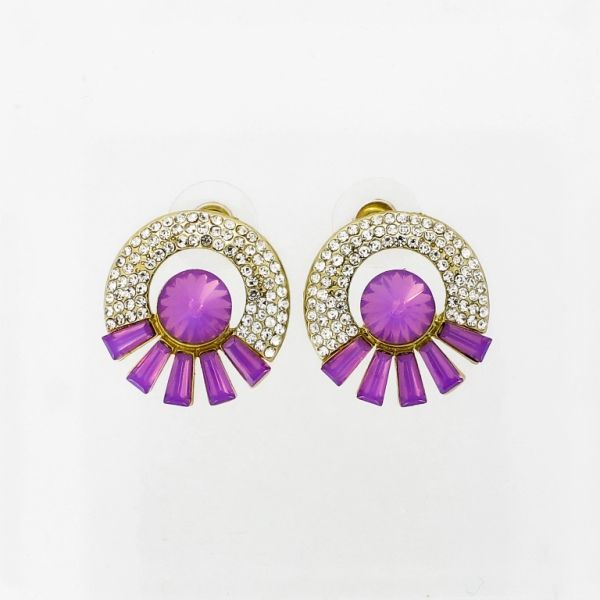 JEWELRY - EARRINGS - SCREW - CRYSTALS - CIRCLE Е1089 - 2.0x2.1cm GOLD-WHITE-PURPLE (LIGHT) - PACKAGE 6 pairs 