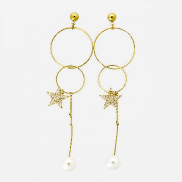 JEWELRY - EARRINGS - SCREW - ZIRCON - CIRCLES STARS Е1007 - 2.2x9.0cm GOLD-WHITE-ECRU - PACKAGE 6 pairs 
