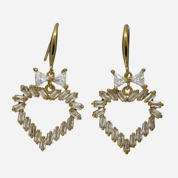 JEWELRY - EARRINGS - HOOK - ZIRCON - HEART RIBBON Е1081 - 2.0x3.6cm GOLD AND WHITE - PACKAGE 6 pairs 