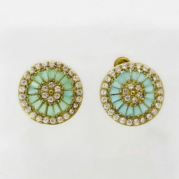 JEWELRY - EARRINGS - SCREW - ZIRCON - FLOWER Е1059 - 1.7x1.7cm GOLD-WHITE-TURQUOISE (LIGHT) - 1 pair 