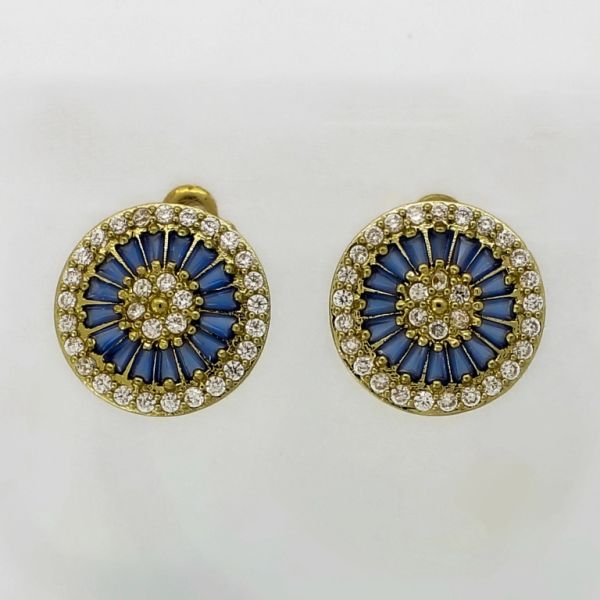 JEWELRY - EARRINGS - SCREW - ZIRCON - FLOWER Е1059 - 1.7x1.7cm GOLD-WHITE-BLUE (DARK) - PACKAGE 6 pairs 