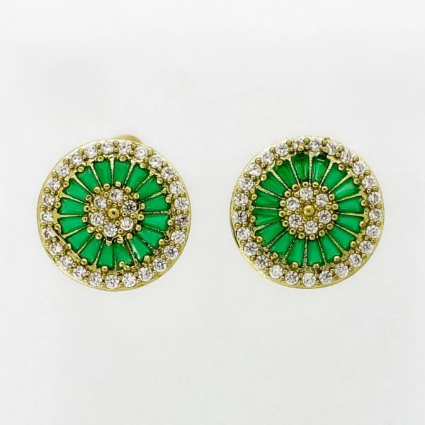 JEWELRY - EARRINGS - SCREW - ZIRCON - FLOWER Е1059 - 1.7x1.7cm GOLD-WHITE-GREEN - 1 pair 