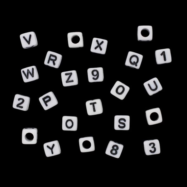 ACRYLIC BEADS - LETTERS - CUBE - 6x6mm WHITE WITH BLACK - 50g Hole-3.5mm (323pcs.)