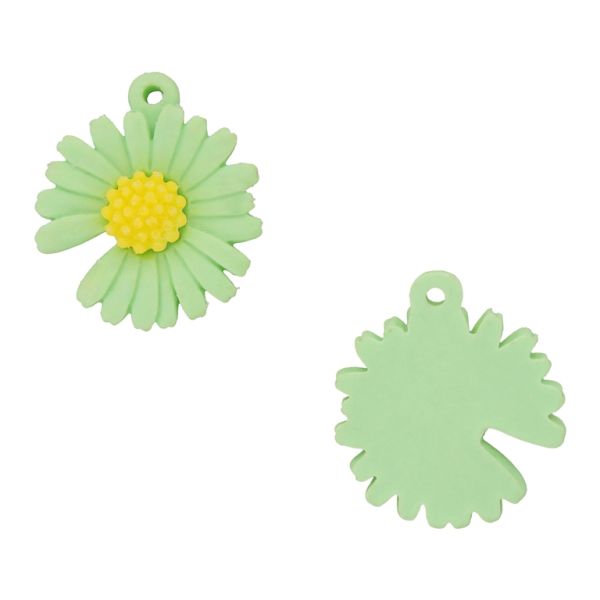 PLASTIC BEADS - RESIN 3D - PENDANT - FLOWER 48 DAISY - 29x26x7mm GREEN (LIGHT) AND YELLOW - PACKAGE 30pcs. Hole-1.8mm