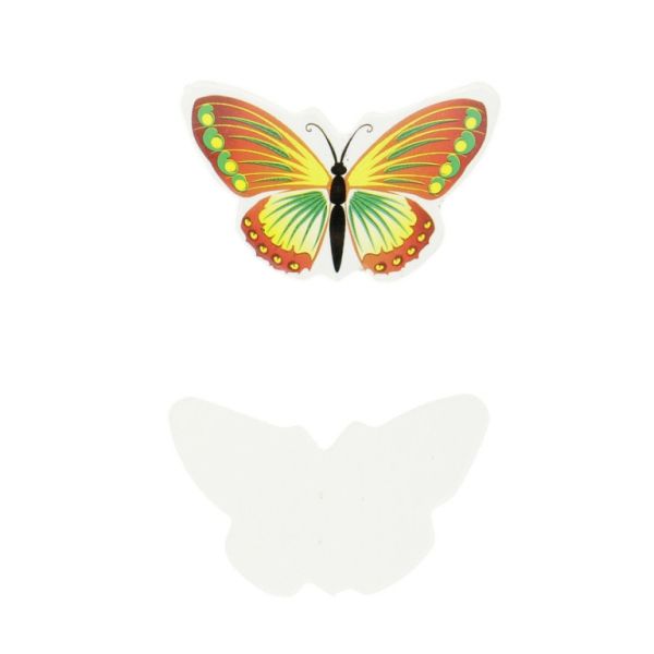 MATERIALS FOR CRAFT AND DECORATION - TOPPER FROM CARTON - BUTTERFLY 04 - 3.8x2.2cm ORANGE-GREEN-YELLOW - PACKAGE 50pcs.