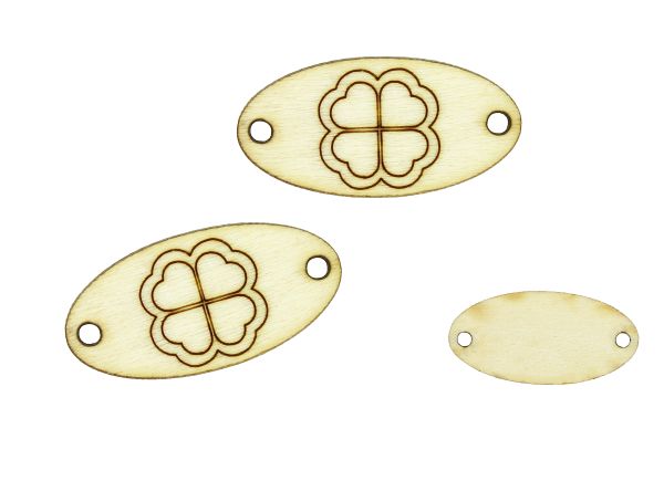 LASER CUT WOODEN FIGURES - ELLIPSE 30x15mm - CLOVER WITH CONTOUR - NATURAL - 10pcs. Hole-2.0mm