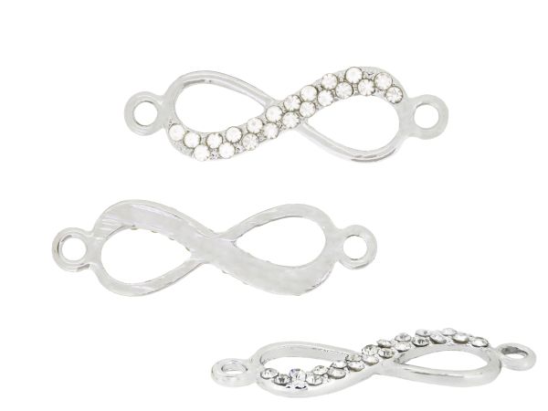 METAL - CHARMS CONNECTOR 2 HOLES UV COATING WITH CRYSTALS - INFINITY 02 - 31x9x2mm SILVER COLOR AND WHITE - 1pc. Hole-2.2mm