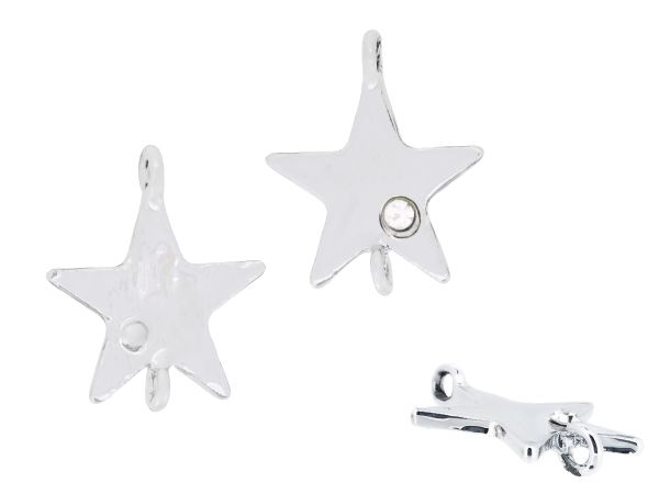 METAL - CHARMS CONNECTOR 2 HOLES UV COATING WITH CRYSTALS - STAR 01 - 21x17x2.5mm SILVER COLOR AND WHITE - PACKAGE 20pcs. Hole-2.0mm