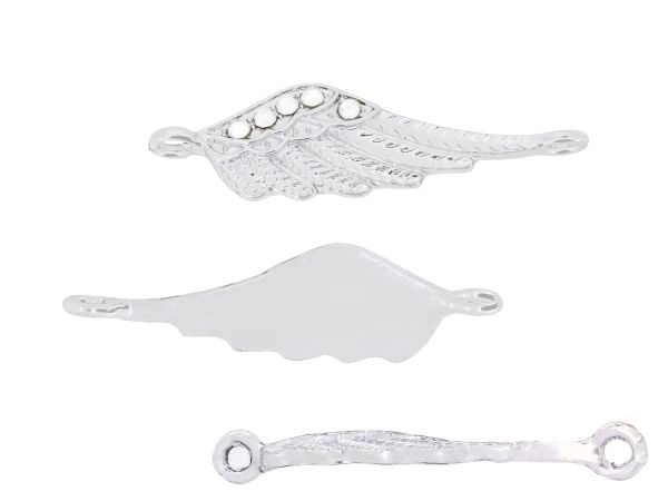 METAL - CHARMS CONNECTOR 2 HOLES UV COATING WITH CRYSTALS - WING 01 - 35x10x2mm SILVER COLOR AND WHITE - PACKAGE 20pcs. Hole-2.2mm