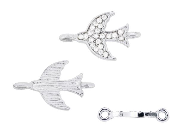 METAL - CHARMS CONNECTOR 2 HOLES UV COATING WITH CRYSTALS - BIRD 01 - 21x13x2mm SILVER COLOR AND WHITE - 1pc. Hole-2.0mm